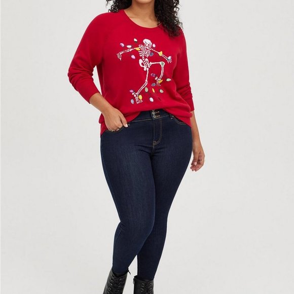 Torrid - Sweater 1X Red Crew Top Skeleton Sequin Christmas Lights Punk New - Picture 4 of 4